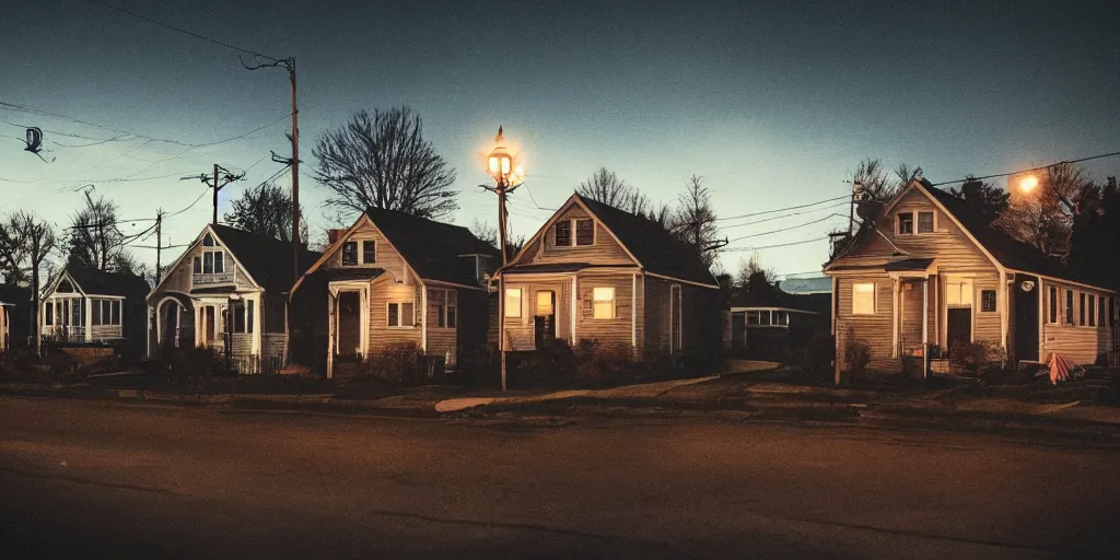 Image similar to small suburban houses in America at night by Wes Anderson, fantasy, moody lighting, dark mood, imagination, cinematic