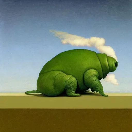 Image similar to a tardigrade-moss-piglet by Raphael, Hopper, and Rene Magritte. detailed, romantic, enchanting, trending on artstation.