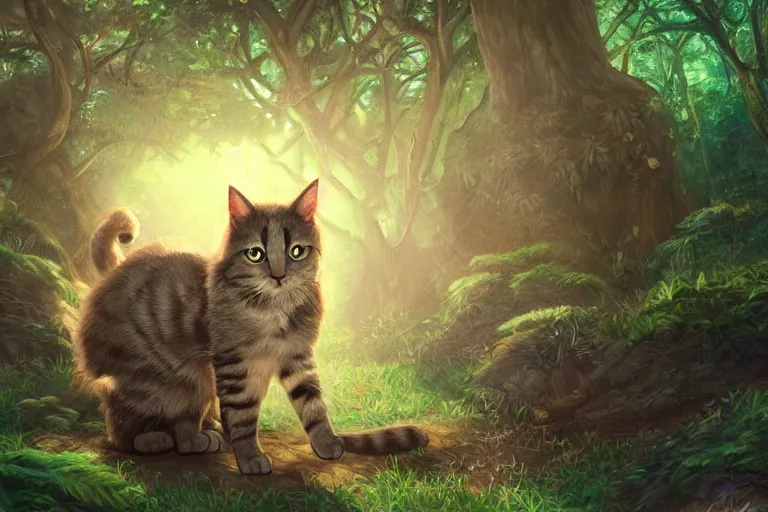 Image similar to a cat in a forest, highly detailed, digital art, trending on artstation, backlighting, by kawacy, by wayne mclouglin, by don bluth