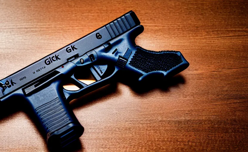 Image similar to photograph of a Glock 18, on a table, shot by Quentin Tarantino, one point perspective, 1-point perspective, sigma 85mm f/1.4, 4k, depth of field, high resolution, 4k, 8k, hd, full color