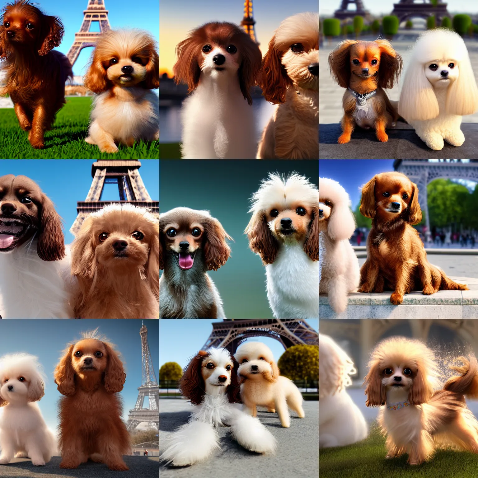 Prompt: a photorealistic closeup image of a cute brown colored long haired chihuahua cocker spaniel dog with a happy white bichon frise dog in paris at eiffel tower. brightly lit. extreme detail. 4 k hd unreal engine