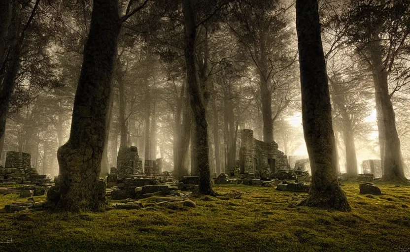 Image similar to incredible wide shot of the interior of a neolithic temple in the forest, dusk, light fog, digital art