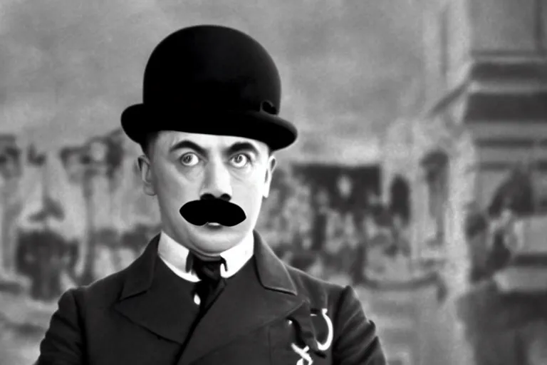 Image similar to Adolf Hitler as Charlie Chaplin in 'My Chap Chaplin' (2024), movie still frame, promotional image, imax 70 mm footage, oscar nominated cinematography, volumetric lighting, 8k resolution