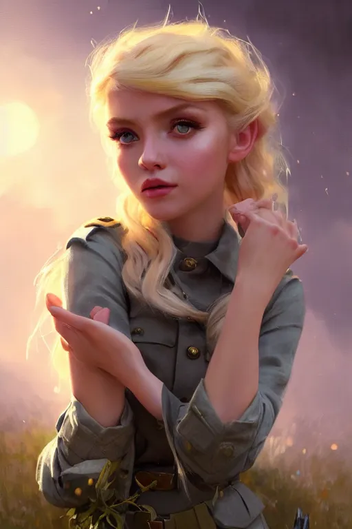 Image similar to cinematic shot of an epic portrait of a cute blonde fairy dressed in military clothes, stylised military clothes, shiny skin, beautiful eyes, beautiful, small details, night setting, realistic poster with volumetric light from jeremy lipkin and michael garmash, craig mallism, artgerm, unreal engine, radiant light, digital art, trends at art station, a masterpiece