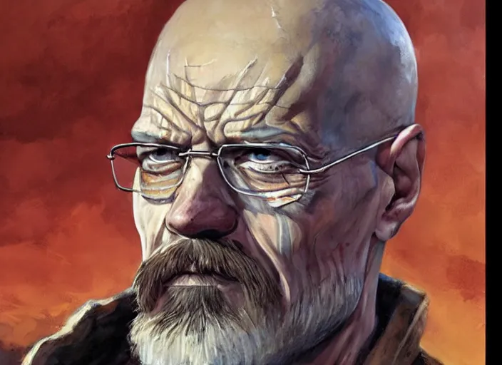 Image similar to a highly detailed beautiful portrait of walter white as kratos, by gregory manchess, james gurney, james jean