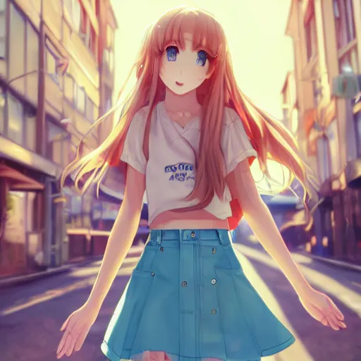 Image similar to a very beautiful anime girl, full body, long golden hair, sky blue eyes, full round face, short smile, mini jeans skirt, cute top, urban setting, cinematic lighting, medium shot, mid-shot, highly detailed, trending on Artstation, Unreal Engine 4k, cinematic wallpaper by Stanley Artgerm Lau, WLOP, Rossdraws, James Jean, Andrei Riabovitchev, Marc Simonetti, and Sakimichan