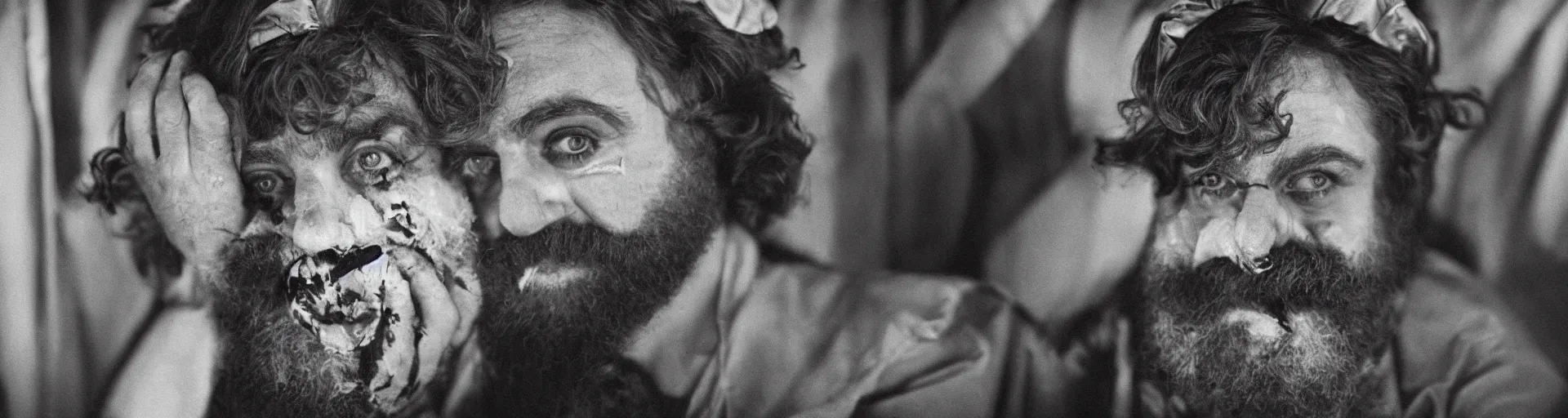 Prompt: a 35mm photograph of Zach Galifianakis as a sad clown in the 1930's, Canon 50mm, cinematic lighting, photography, retro, film, Kodachrome, closeup