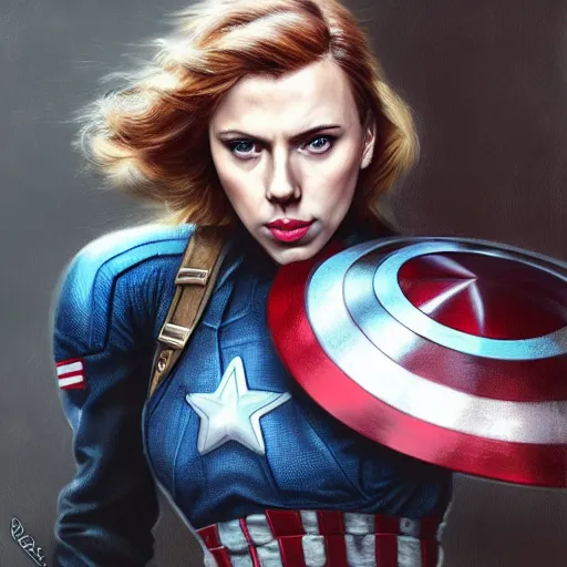 Prompt: a still of captain america played by by scarlett johansson wearing dieselpunk outfit, face portrait, hd shot, digital portrait, elegant, beautiful, fantasy art, artstation, comic style, by artgerm, guy denning, jakub rozalski, magali villeneuve and charlie bowater