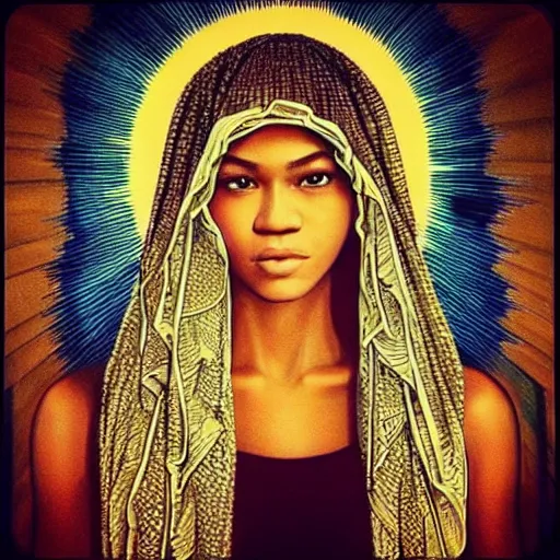 Prompt: “Zendaya, beautiful, Beyonce in the form of the Virgin Mary, highly detailed, photorealistic”