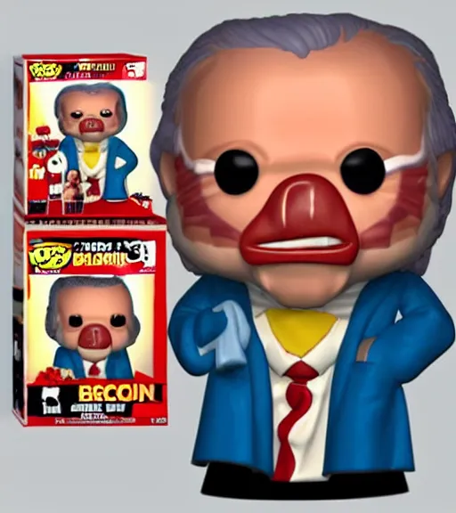 Image similar to funko pop character of joe biden in a bacon suit.