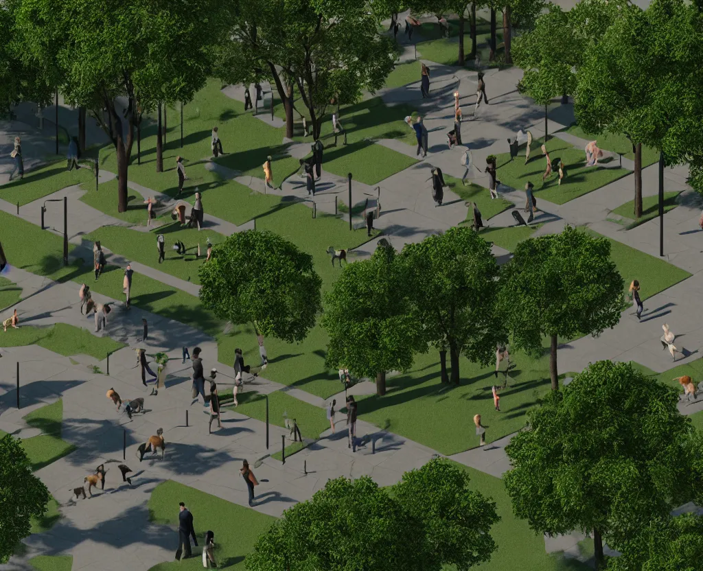 Image similar to city park, people and dogs, isometric view, octane 3d, light filtering through the trees, ray tracing, volumetric lighting