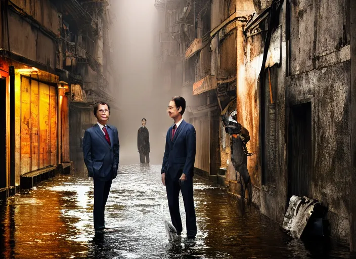 Image similar to a very high resolution image from a new movie, two deer head man in suits, in a narrow chinese alley, surrounded by water vapor, beatiful backgrounds, dramatic lighting, directed by wes anderson