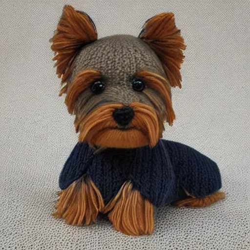 Prompt: a closeup photorealistic smiling knitted plush yorkshire terrier. 1 2 3 1 2 3