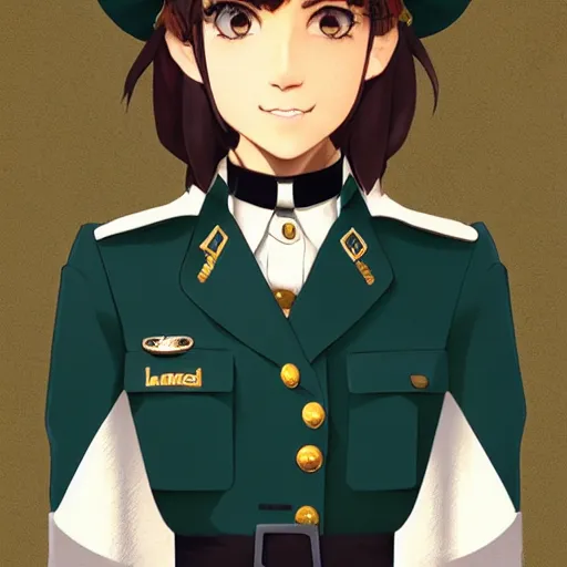 Image similar to portrait bust of young woman with shoulder - length light brown hair and hazel eyes dressed in a sharp dark teal military uniform with beret, smiling, ilya kuvshinov, anime, loish, ross tran