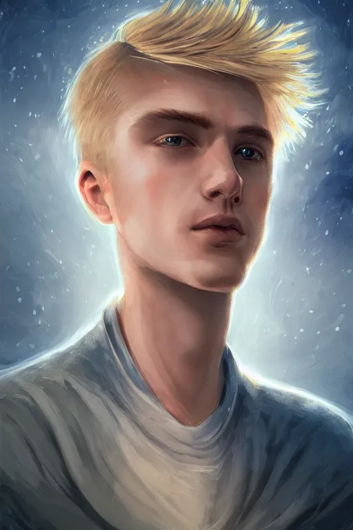 Image similar to young man with short blond hair, looking downwards, magical swirls, magical light, magical atmosphere, depression, painterly, highly detailed, 8 k, digital art trending on artstation, hyper detailed, graphic novel