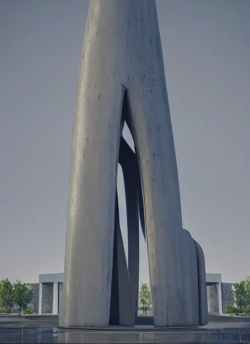 Image similar to highly detailed realistic architecture 3 d render of a huge high futuristic stele sculpture made of concrete in zaha hadid style standing in city park, archdaily, made in unreal engine 4 octane render