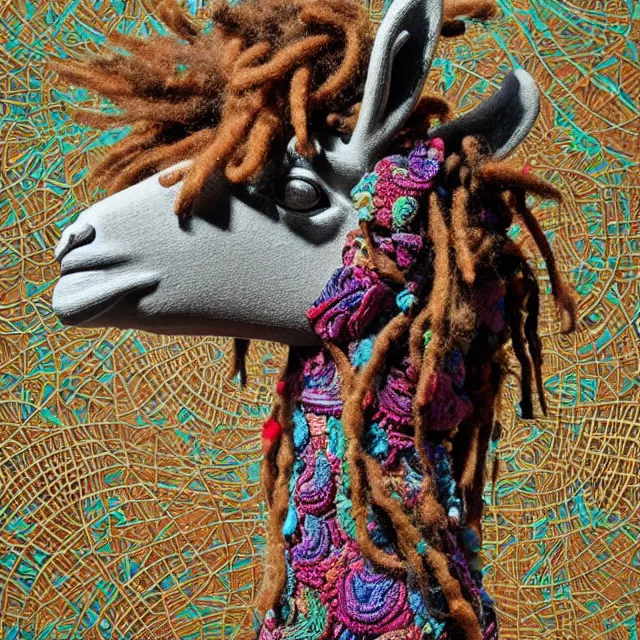 Image similar to llama with dreadlocks, detailed, by ernst haeckel, james jean, el anatsui, mandy jurgens