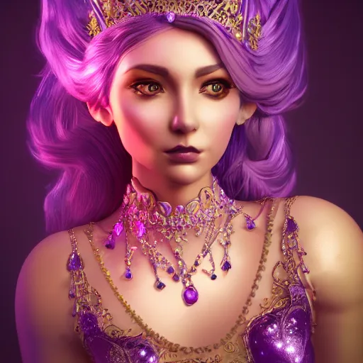 Image similar to portrait princess of amethyst, glowing, ornate and intricate purple jewelry, jaw dropping beauty, glowing background lighting, purple accent lighting, hyper detailed, fairy tale, 4 k octane render