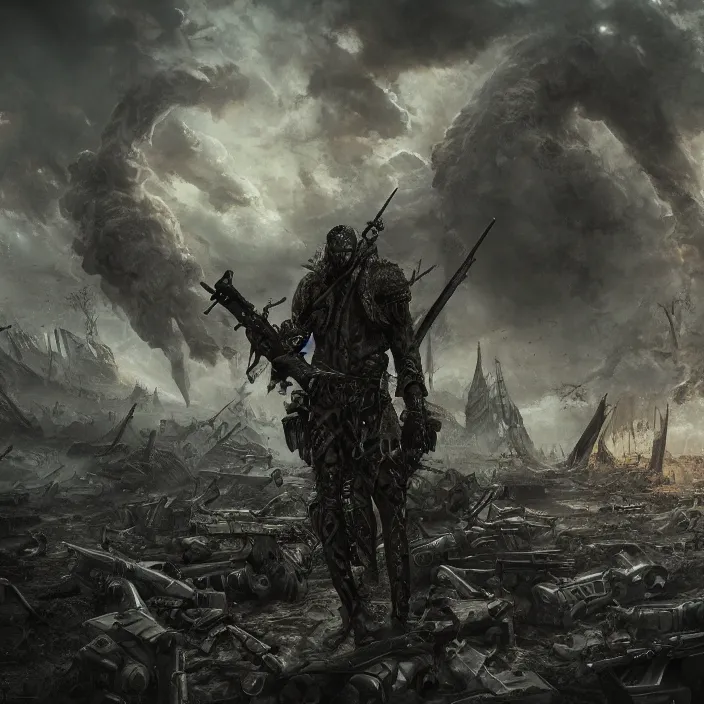 Image similar to apocalyptic man surrounded by weaponry, hyper - detailed, smooth, sharp focus, 4 k ultra hd, fantasy dark art, apocalyptic art