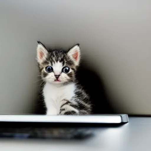 Prompt: an cute kitten is sticking its head out of a monitor of a laptop