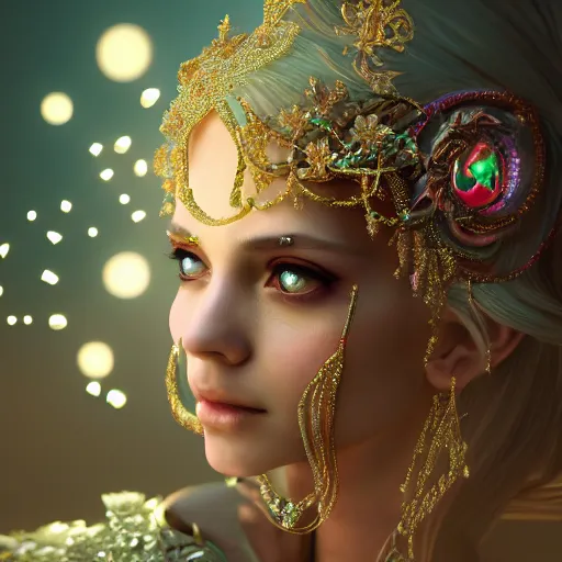 Image similar to portrait of fairy princess, glowing, ornate and intricate jewelry, jaw dropping beauty, glowing background lighting, white accent lighting, hyper detailed, fairy tale, 4 k octane render