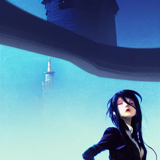 Image similar to low - angle shot from behind of a long blue - haired girl in a tailcoat looking up at the tower, combat boots, noir, screenshot, sharp focus, intricate, illustration, cell shaded, digital painting, highly detailed, straight hair, art by ilya kuvshinov, wlop, greg rutkowski, studio quality, james jean