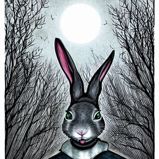 Prompt: rabbit as a monster, digital art style, scary atmosphere, nightmare - like dream