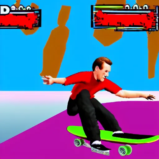 Prompt: michael portillo kick flips a skateboard, playstation 2 video game screenshot