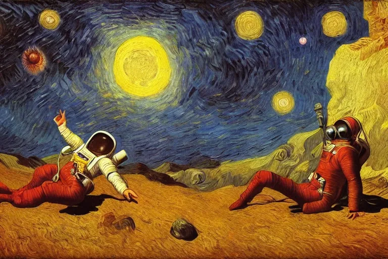 Prompt: an astronaut taking sun bath from Jupiter, beautiful, national geographic, very detailed, astrophotography, oil painting, canvas, Vincent van Gogh, Caspar David Friedrich, Albert Bierstadt