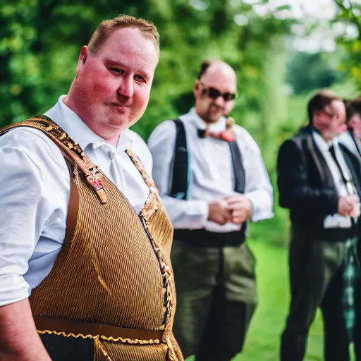 Image similar to An obese german in Lederhosen at a wedding, EOS-1D, f/1.4, ISO 200, 1/160s, 8K, RAW, unedited, symmetrical balance, in-frame