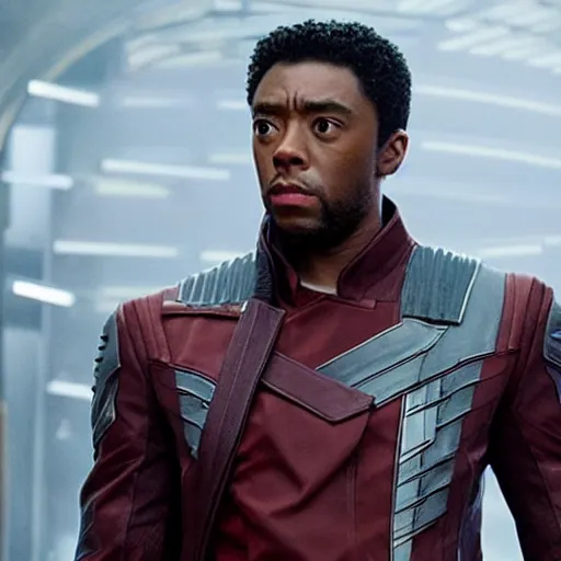 Image similar to film still of Chadwick Boseman as Star Lord in Guardians of the Galaxy