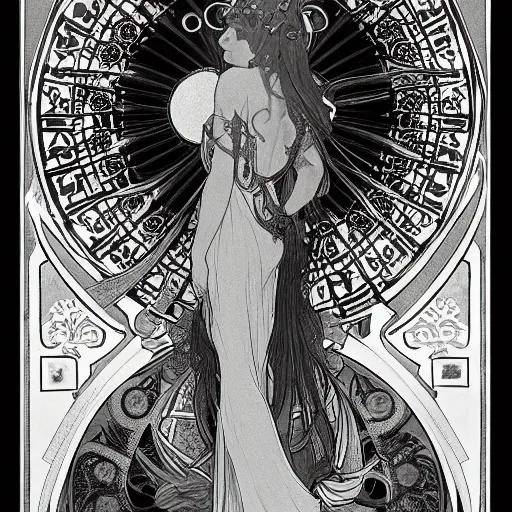 Prompt: a beautiful!!! feminine alchemical illustration of The Baphometress by Alphonse Mucha, highly detailed masterpiece, stunning!, black background, zoomed out to show entire image, trending on ArtStation