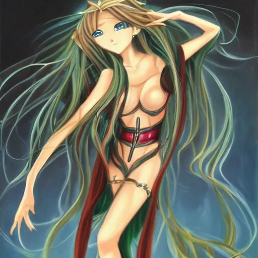 Image similar to oil painting of a long hair anime lady ELF dancing in the moonlight l Trending on Pixiv