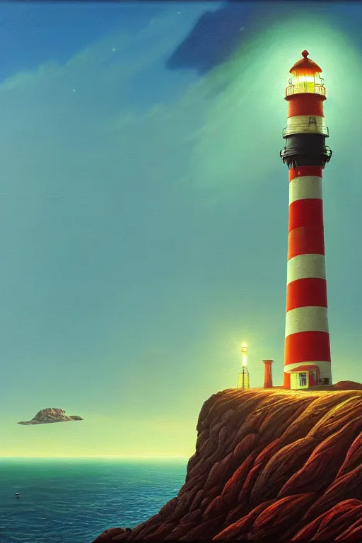 Image similar to a lighthouse in a redwood solar punk vision, overlooking an ocean, oil on canvas by klaus burgle, simon stalenhag, ultra - realistic 3 d depth shading