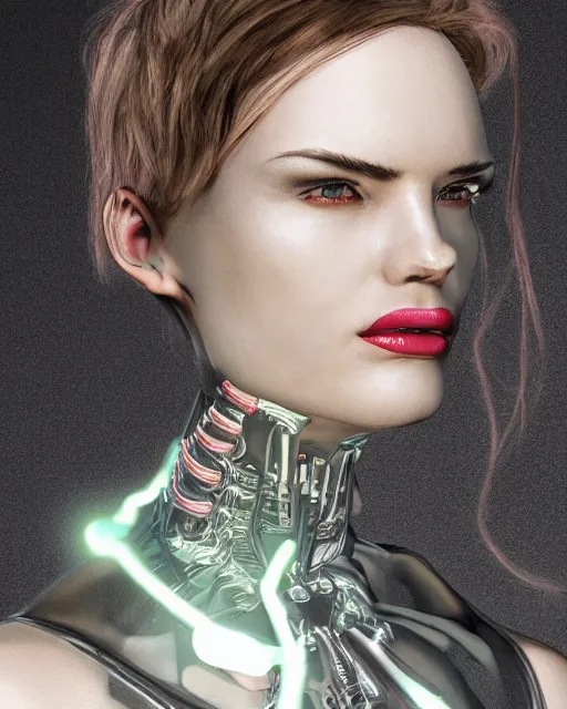 Image similar to fashion portrait, most beautiful girl in the world, glowing cybernetic augments, hyperrealism, year 2447, cdx