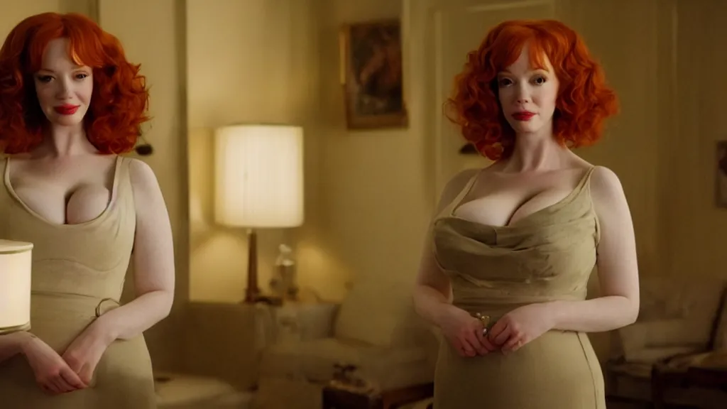 Image similar to a very happy beautiful Christina Hendricks in the living room, film still from the movie directed by Denis Villeneuve with art direction by Salvador Dalí, wide lens