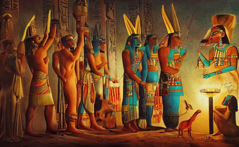 Prompt: a 1 9 5 0's technicolor cinematic scene of actors playing egyptian gods with animal heads, having a ceremony in a moonlit temple in karnak, realism, superior lighting, atmospheric