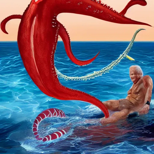 Image similar to photograph of joe biden wearing a bikini and battling a giant squid in the deep sea, realistic, 4 k,