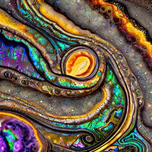 Image similar to Art Nouveau cresting oil slick waves, hyperdetailed bubbles in a shiny iridescent oil slick wave, ammolite, druzy, detailed giant opalized ammonite shell, black opal, abalone, paua shell, ornate copper patina medieval ornament, rococo, organic rippling spirals, octane render, 8k 3D, druzy geode, cresting waves and seafoam