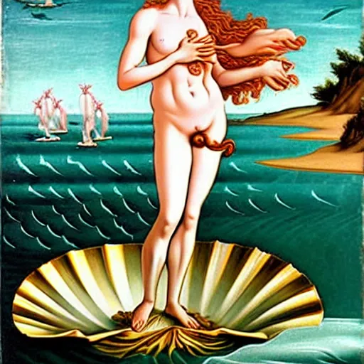 Image similar to the birth of venus but instead of venus it's rick sanchez