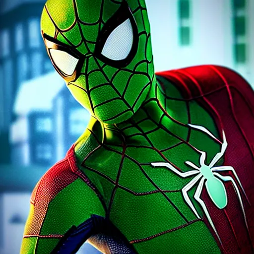 Image similar to green spider - man suit with black web lining, cinematic, volumetric lighting, realistic, hyperdetailed, photorealistic, photograph