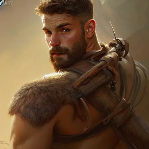 Image similar to portrait of a young rugged ranger, muscular, upper body, hairy torso, D&D, fantasy, intricate, cinematic lighting, highly detailed, digital painting, artstation, concept art, smooth, sharp focus, illustration, art by Artgerm and Greg Rutkowski and Alphonse Mucha