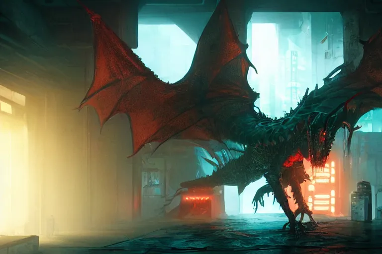 Image similar to A cyberpunk dragon in a basement protecting a technological treasure. A group of explorers are on their way, unreal engine, 8k, CGI, Ray tracing, Cyberpunk, fantasy, Elden Ring, Tron, Furi Videogame, Takashi Okazaki, neon