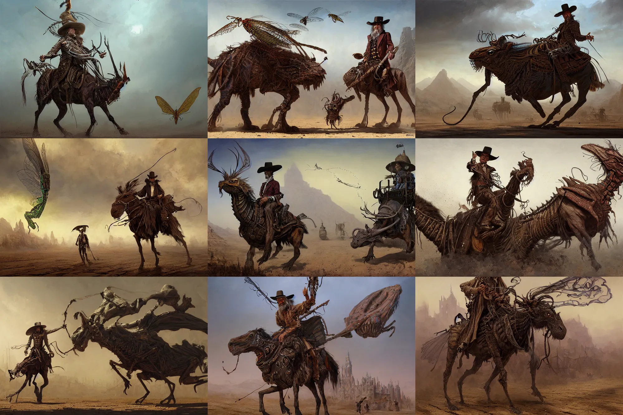 Prompt: A very highly detailed wild west magical sorcerer wizard with a very highly detailed face with spellbooks and potions riding on a very higly detailed large grasshopper!! with grasshopper legs on the street of a wild west town digital rational painting art by Greg Rutkowski, magic fantasy highly detailed, digital concept art, sharp focus, realistic concept art by Stephen Hickman and James Gurney and Hiromasa Ogura Ghost in the Shell rendered in Octane Render, From a distance