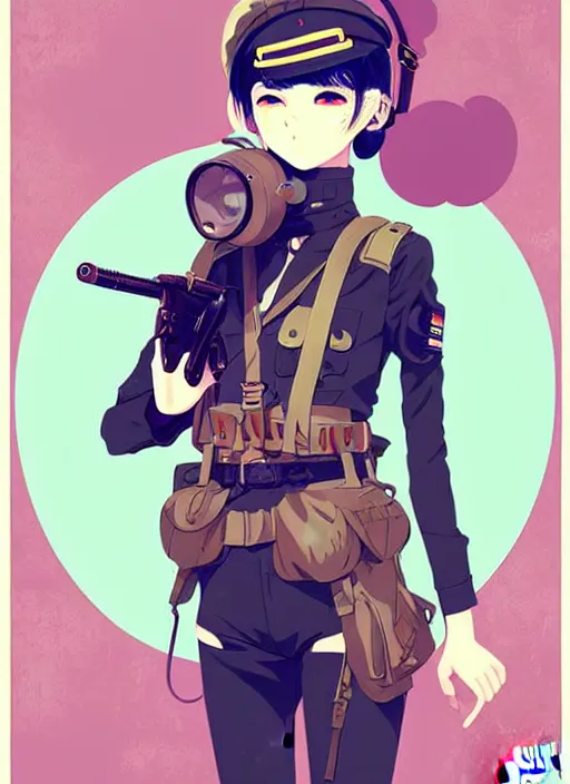 Image similar to singular girl with wearing ww 2 gas mask, ww 2 uniform, very anime!!! anime!! intricate details, aesthetically pleasing pastel colors, poster background, art by conrad roset and ilya kuvshinov