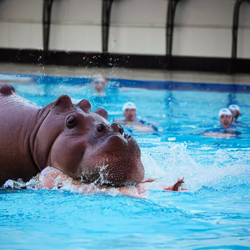 Image similar to hippopotamuses playing with humans, water polo. sports photograph.