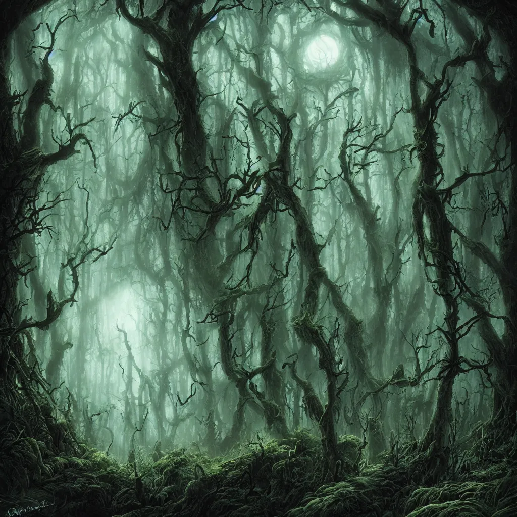 Image similar to a dark lush haunted forest at night, upward cinematic angle, J.R.R. Tolkien, by Rodney Matthews, P. Craig Russell and Andreas Rocha, dim moonlight, beautiful composition, intricate, elegant, digital art, detailed, mixed media painting, hyperrealistic, sharp focus, 8k