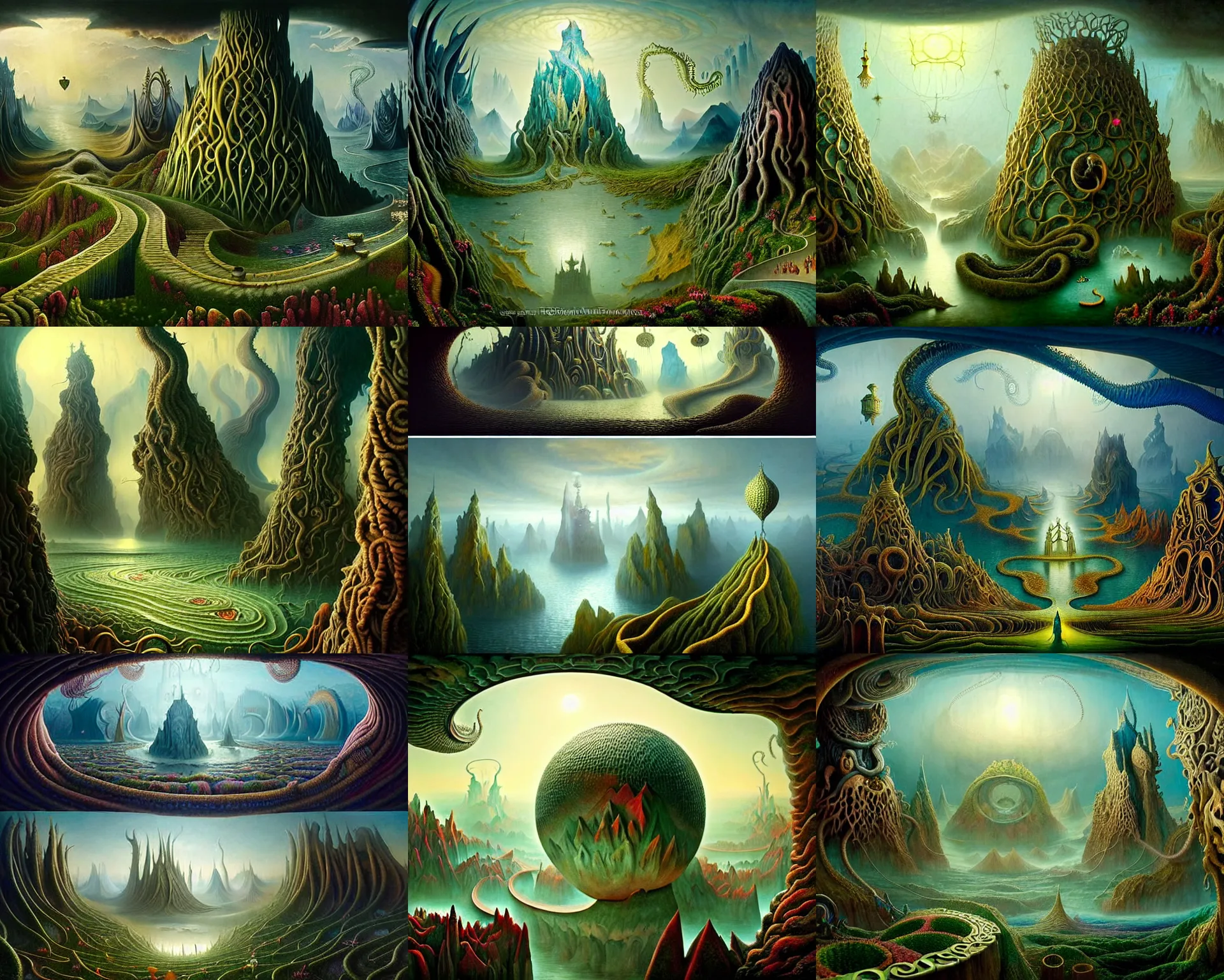 Prompt: a beguiling epic stunning beautiful and insanely detailed matte painting of the impossible winding path into lovecraftian dream worlds with surreal architecture designed by Heironymous Bosch, mega structures inspired by Heironymous Bosch's Garden of Earthly Delights, vast surreal landscape and horizon by Asher Durand and Peter Morbacher, masterpiece!!!, masterpiece!!!, grand!, imaginative!!!, whimsical!! intricate details, sense of awe, elite, wonder, insanely complex, masterful composition!!!, sharp focus, protagonist in foreground, fantasy realism, dramatic lighting