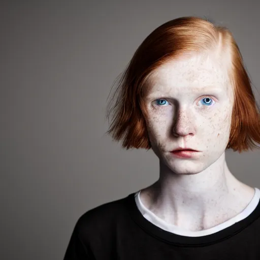 Prompt: an award winning close up portrait of face of cute 1 9 year old white woman with tired eyes, no makeup, freckles, strong jawline, skinny, short straight ginger hair in a bob style, black t shirt, flash photography, photographed by terry richardson,