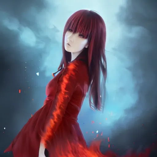 Image similar to advanced digital portrait painting photograph, a teenage anime girl wearing a dress made of fire , full body, very long black and red hair, eye color like magma , full round face, seductive stare, cinematic lighting, medium shot, MCU, highly detailed, trending on artstation, CSP, Photoshop, Stanley Artgerm Lau, WLOP, Rossdraws, James Jean, Andrei Riabovitchev, Marc Simonetti, and Sakimichan